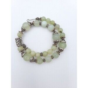 Prehnite‎ Semi Precious Stone Beaded Wire Wrap Bracelet Silver Tone Beads